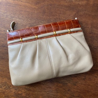 Vintage Beige and Tan Leather Clutch Purse Neutral Tone Minimalist Leather Bag 
