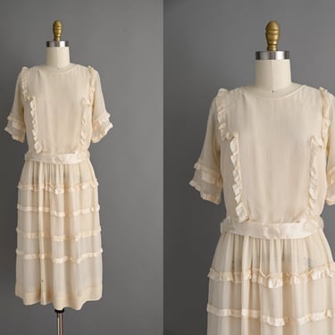 vintage 1920s dress | Antique Ivory Silk Chiffon Dress | Small 