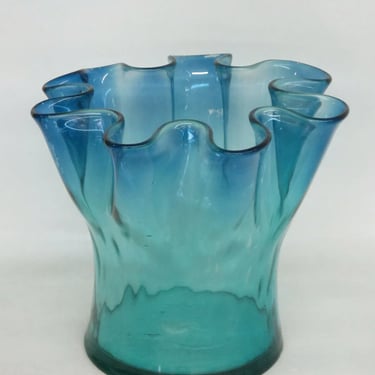 Mid Century Modern Blue Art Glass Ruffled Rim Handkerchief Bowl Vase 2195B