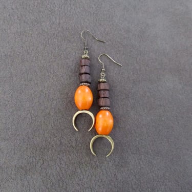 Modern orange and brown wooden earrings 