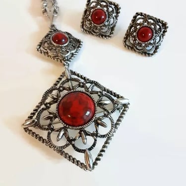 Sarah Coventry INCA FIRE Set Double Pendant Clip Earrings