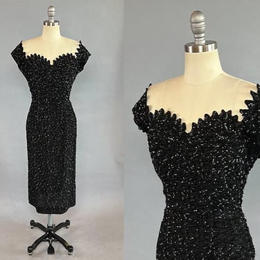 1950s Cocktail Dress / Sequined Black Dress / 1950s Black Party Dress / 1950s Wiggle Dress / Size Large 