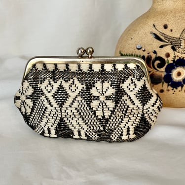 Woven Embroidered Clutch, Guatemalan Design, Gold Lurex Threads, Coin Purse, Vintage 60s 70s, Made in Mexico 