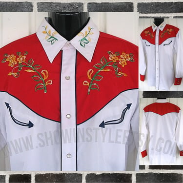 Vintage Western Men's Cowboy and Rodeo Shirt by Fenton, Rockabilly, Red & White withi Embroidered Flowers, Tag Size Large (see meas. photo) 
