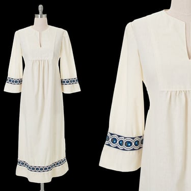 Vintage 1970s Maxi Dress | 70s Off White Cotton Bell Sleeve Floral Ribbon Tie Waist Boho Hippie Full Length Hostess Dress (large) 