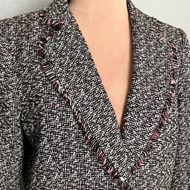 Karl Lagerfeld Tweed Blazer Jacket, Tweed, Fringed Trim, Black/Hot Pink, Vintage 00s 