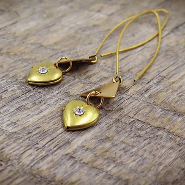 Heart Locket Earrings, Triangle Jewelry, Mid Century Modern, Geometric Style, Long Earrings, Choice of Length 