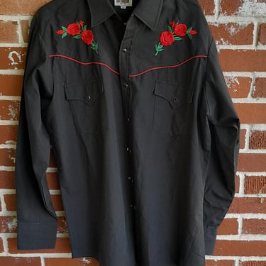 Vintage 80s Ely Cattleman Western Shirt Long Tail  Pearl Snap / Piping/Black w/Red Roses/L 