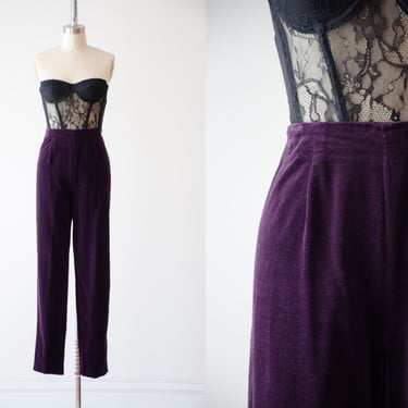 purple velvet pants | 90s y2k vintage Valerie Stevens dark plum purple velveteen dark academia style high waisted trousers 