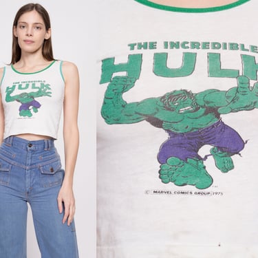 70s Incredible Hulk Crop Top - XXS | Vintage Marvel Comics Super Hero Graphic Cropped Ringer Tank Top 