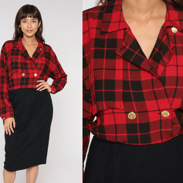 Plaid Shirt Dress 80s Red Tartan Pencil Button Up Midi Shirtdress High Waist 1980s Vintage Long Sleeve Black Secretary Preppy Medium 10 