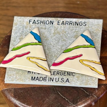 Enamel Earrings Zebra Bright Color Stripe Triangle Retro New Old Stock Vintage 