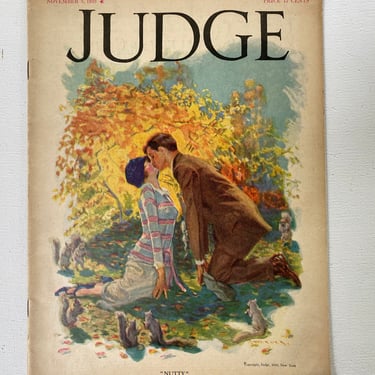 1923 Judge Magazine, November 3rd Issue, Kissing Couple With Squirrels, Nutty, Signed Cover Art Illegible, Falling In Love, New York 