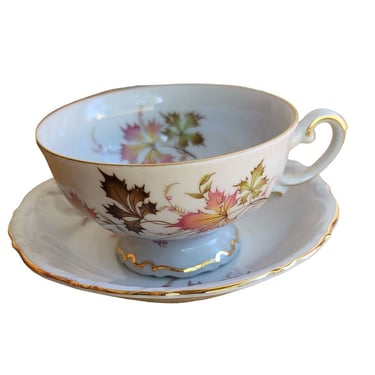 Mitterteich Bavaria Tea Coffee Cup Saucer Autumn Leaves Gold Pink Footed M19 