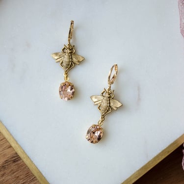gold bee earrings, insect charm huggie hoops, Swarovski earrings, bohemian nature woodland gift for her, statement earrings 