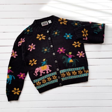 black embroidered sweater 80s 90s vintage Forenza elephant horse rainbow floral cardigan 