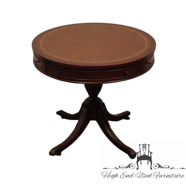 IMPERIAL FURNITURE Traditional Sheraton Style 30" Round Accent Drum Table w. Tooled Leather Top and Brass Casters 