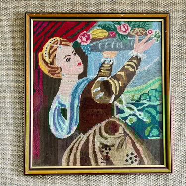 Vintage needlepoint, 1950s victorian woman with flower basket cross stitch, square wood frame, for floral, vintage home decor wall art, gift 