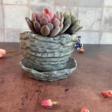 Rustic ceramic planter with dish in sage green 