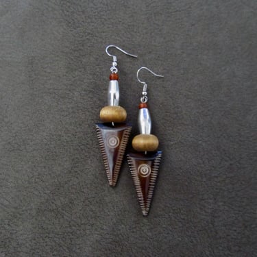 Afrocentric earrings, African earrings, bold statement earrings, bone earrings, carved earrings, artisan earrings, batik print, mixed media 