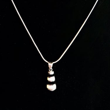 Art Deco Pendant Necklace Sterling Silver Mother of Pearl & Onyx Gift for Her New 18