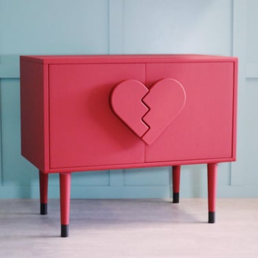 Broken Heart Handles Two-Door Cupboard - Record / Cocktail Cabinet on Wooden Legs - G Plan - Red - Redesigned - Retro - Handmade - CNC - MCM 