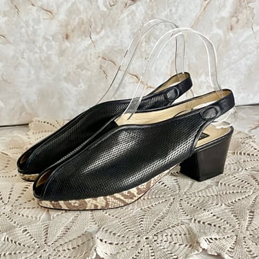 Peep Toe Shoes, Block Heels, Platform, Leather, Reptile Embossed, Italy, Vintage 90s 00s 