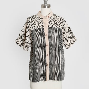 90s ethnic linen cotton block print blouse 