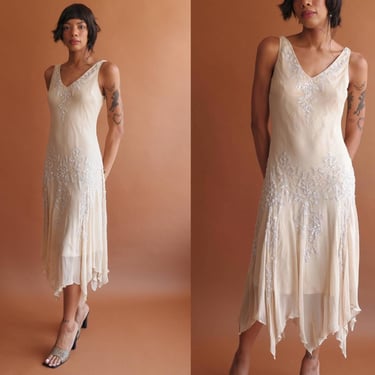 Vintage Ivory Beaded Silk Gown with Handkerchief Hem/ 90s Y2K Wedding Dress/ Size Small Medium 