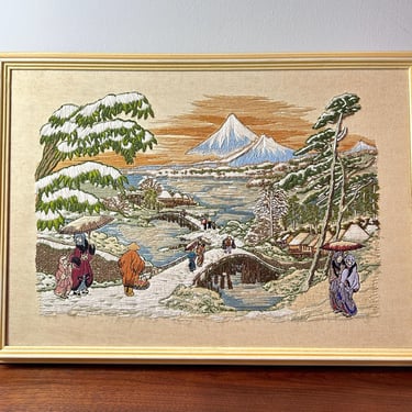 Mid Century Modern Crewel Wall Art Hanging / Japanese Village / Mount Fuji / Mountains Sky Colorful / Asian Japan Boho MCM Vintage Art 