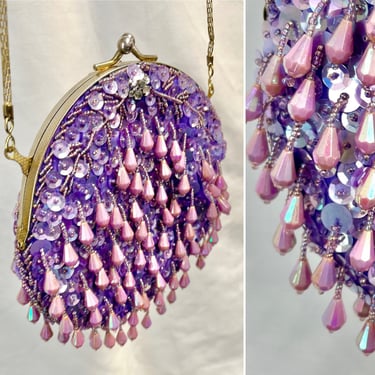 Vintage Beaded Clutch Purse, Dangle Beads,  Purple Iridescent, Cross Body Optional Chain Strap, Original Tags NOS 