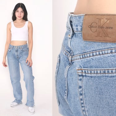Calvin Klein Jeans 90s Mom Jeans Mid Rise Straight Leg Blue Denim Pants Ankle Slit Rips Frayed Retro Streetwear CK Vintage 1990s Medium 32 