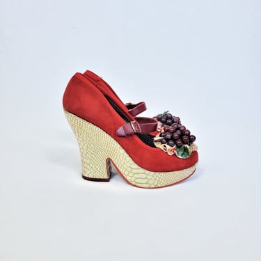 Irregular Choice Tropical Berry Red Suede Gold Platform Wedge Shoes I Sz 6 