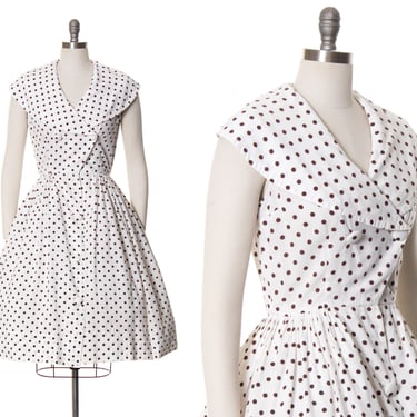 Vintage 1950s Shirt Dress | 50s Polka Dot Cotton White Shawl Collar Double Breasted Summer Shirtwaist Sundress Day Dress (small/medium) 