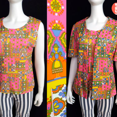 Groovy Vintage 70s Colorful Pink Psychedelic Patterned Two-Piece Top Set with People Patchwork Print 