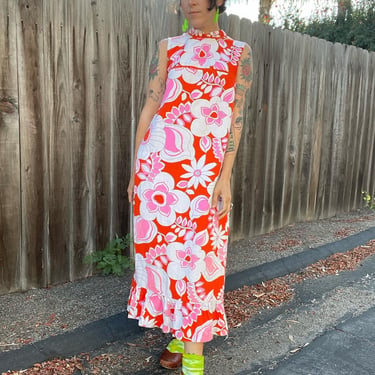 60s neon pink and red psychedelic floral maxi dress, Hawaiian 