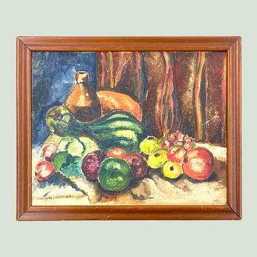 Vintage Still Life Painting 1930s Retro Size 19x23 Farmhouse + Fruit + Acrylic on Hardboard + Artist Loeb + Home and Wall Decor + Framed Art 