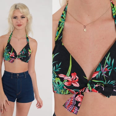 70s Bikini Top Black Tropical Floral Swimsuit Mod Hippie Halter Neck Bathing Suit Retro Swimwear Hippie Swim Vintage 1970s Extra Small xs 