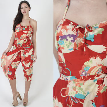 1940s Rayon Kamehameha Sarong Jumpsuit, Vintage 50s Hawaiian Waist Tie Designer Playsuit, Mandarin Bird Print Halter Top Pin Up Dress 