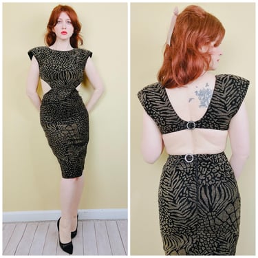 1980s Vintage Climax By David Howard Glitter Leopard Dress / 80s Velvet Cut Out Back Black and Gold Party / Size Small 