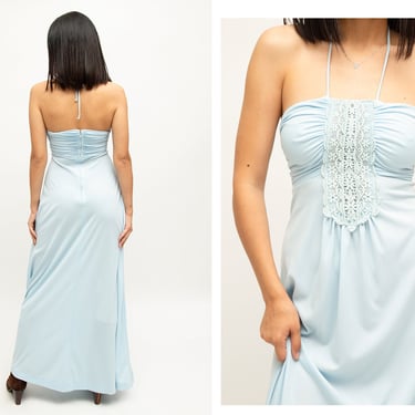 Vintage 1970s 70s Baby Blue Lace Floral Ruched Bodice Daisy Halter Maxi Gown Dress 