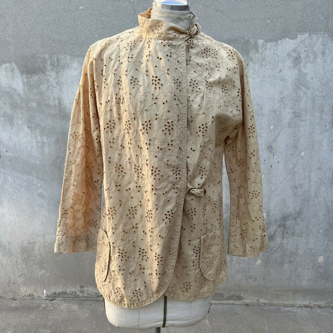 Vintage 1930s Ecru Cotton Eyelet Floral Lace &amp; Embroidery Jacket Dress Coat Gold