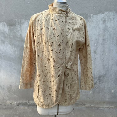 Vintage 1930s Ecru Cotton Eyelet Floral Lace & Embroidery Jacket Dress Coat Gold