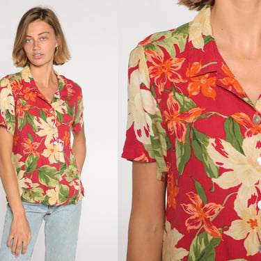 Tropical Floral Blouse Y2k Red Hawaiian Button Up Shirt Orchid Flower Leaf Print Retro Short Sleeve Top Silk Rayon Vintage 00s Medium Large 