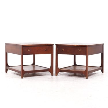 Broyhill Brasilia Mid Century Walnut and Brass Side End Tables - Pair - mcm 