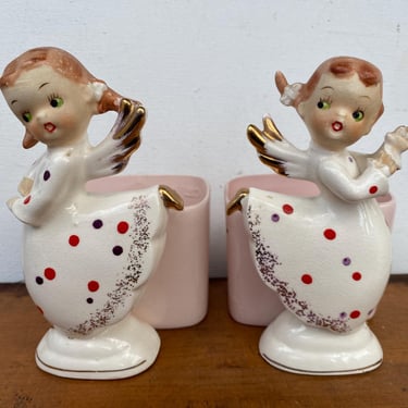 Kitschy Valentine Angel Girl Planters, Polka Dot Dress, Pink Planter, Pig Tail Angels, Possibly Shafford, Valentine's Day, Christmas READ 