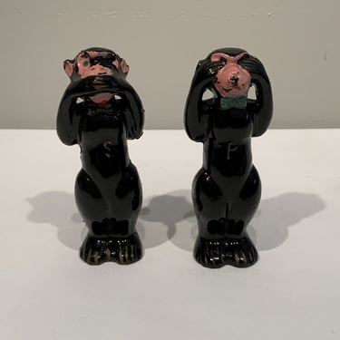 1950s Speak No Evil and See No Evil Monkey Redware Salt and Pepper Shakers Set, retro tableware, monkey lover gifts, grandmillennial 