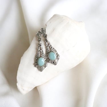 silver tone dangle earrings - vintage 60s 70s blue aqua post pierced womens gift present earrings 