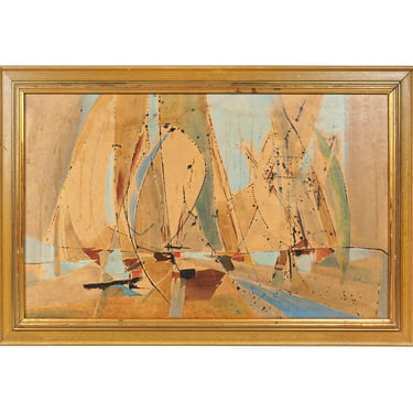 Vintage Sailboats Serigraph on Paper Abstract Print Mid Century 