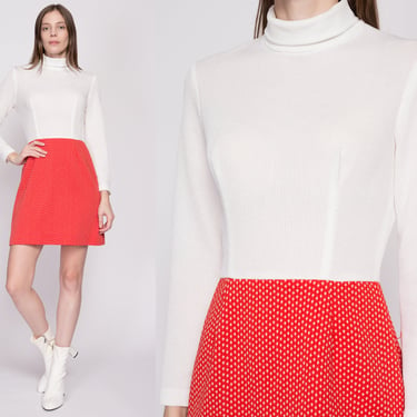 Small 70s Mod Red & White Polka Dot Mini Dress | Vintage Turtleneck Two Tone Long Sleeve Retro Dress 